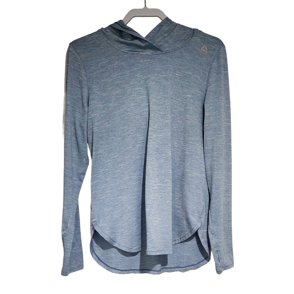 Reebok Womens Lightweight Hoodie L Heather Blue Pullover Long Sleeve Sweatshirt